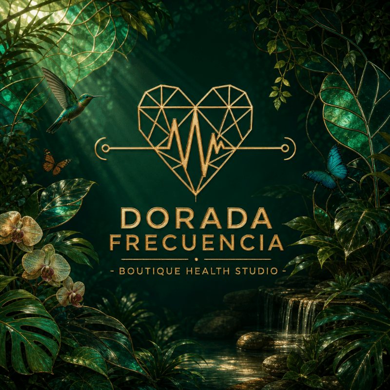 Selva tropical exuberante con el logo de Dorada Frecuencia, un colibrí y mariposas iluminados por rayos de luz dorada