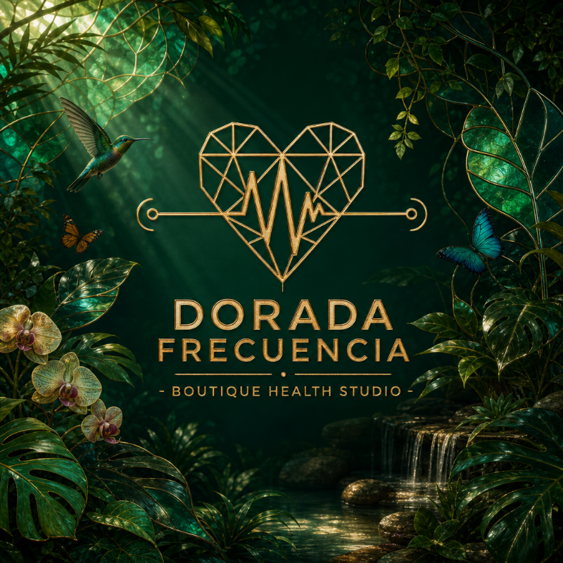 Selva tropical exuberante con el logo de Dorada Frecuencia, un colibrí y mariposas iluminados por rayos de luz dorada
